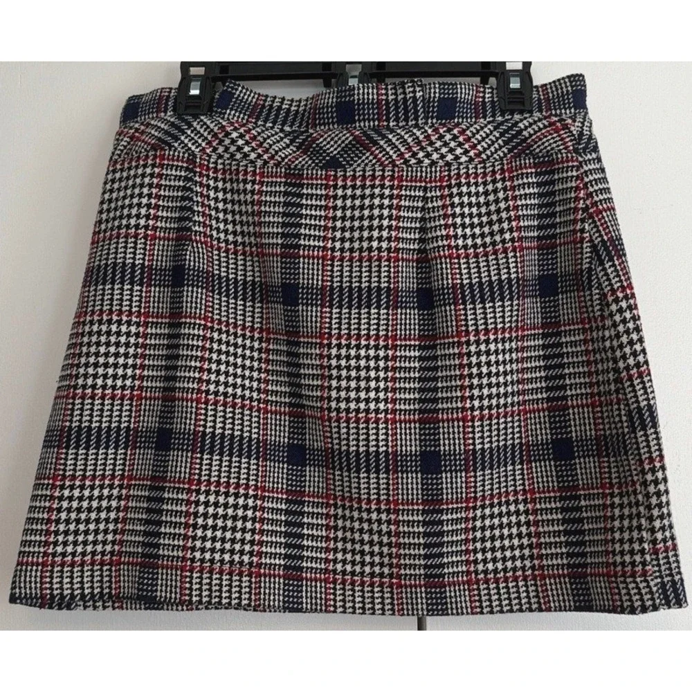 TOPSHOP Plaid A-Line Mini Skirt Womens Size 10 Brown Black Red Zip Button - Picture 5 of 8